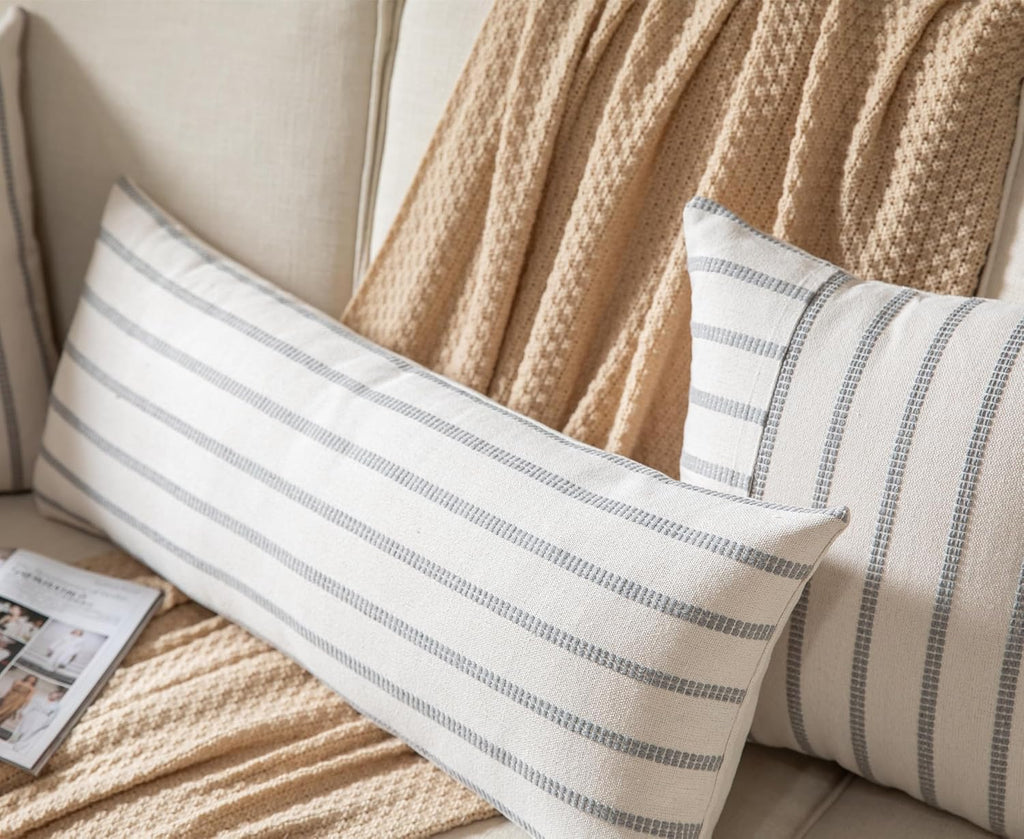 Caflife Boho Lumbar Throw Pillow Cover 14X36 Long Soft Farmhouse Decorative Couch Pillow Cases Grey Striped Body Pillow Covers Neutral Cushion Covers for Sofa Bed Living Room Home Decor Pack of 1