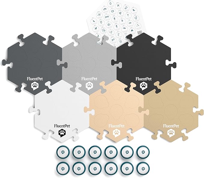 FluentPet Speak Up Key Vocab Kit with Clearer Upward-Facing Sound - 12 Recordable Buttons for Dogs & 6 Neutral HexTiles | Dog & Cat Communication Buttons Set | with Batteries