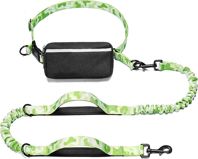 iYoShop Hands Free Dog Leash with Zipper Pouch, Dual Padded Handles and Durable Bungee for Walking, Jogging and Running Your Dog (White-Green Mix, Large)