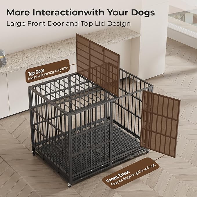 60 Inch Heavy Duty Indestructible Dog Crate Steel Escape Proof, Indoor Double Door High Anxiety Cage, Kennel with Wheels,Removable Tray,Extra Large XL XXL XXXL