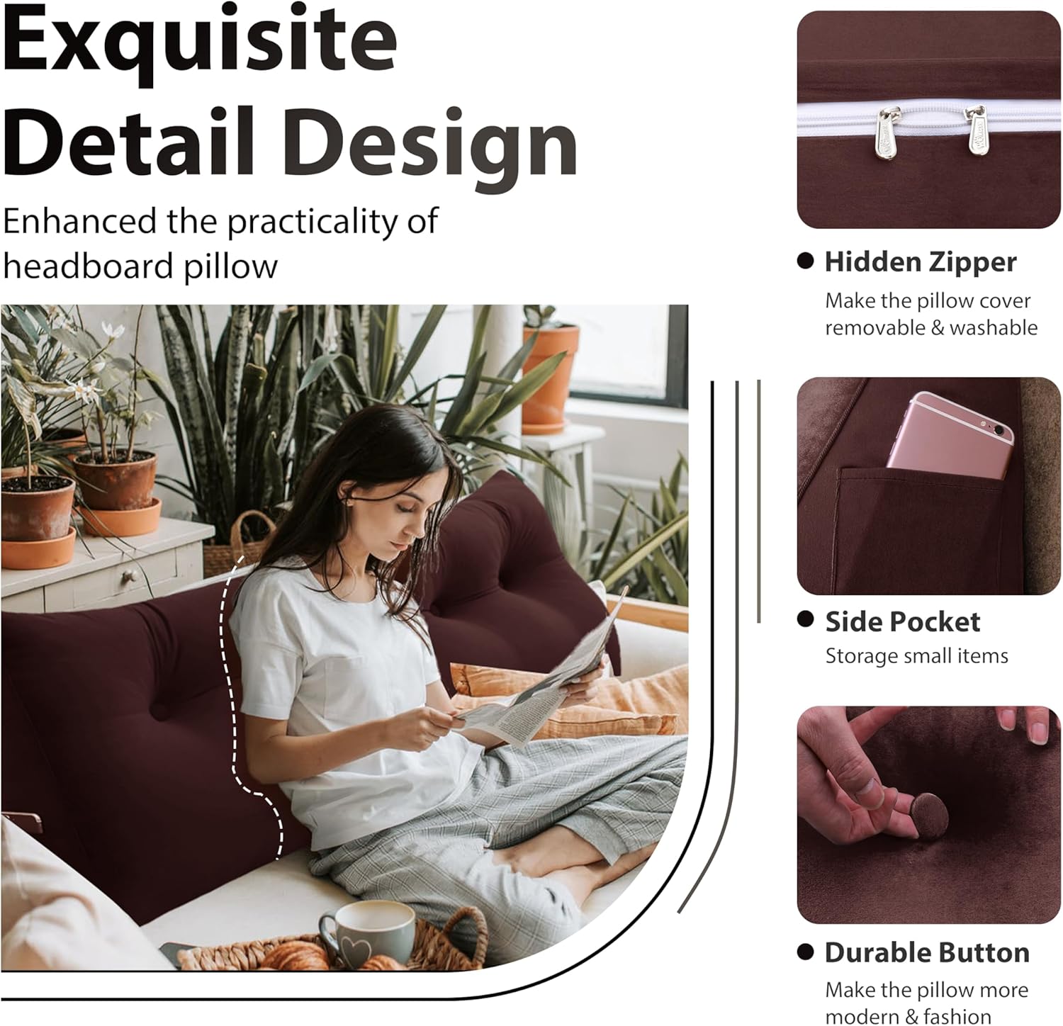 Bed Wedge Headboard Pillow - College Dorm Reading Pillow Back Support While Sitting in Bed - Ergonomic Lumbar Pillow Body Positioning Bed Pillow - Velvet Maroon 76IN