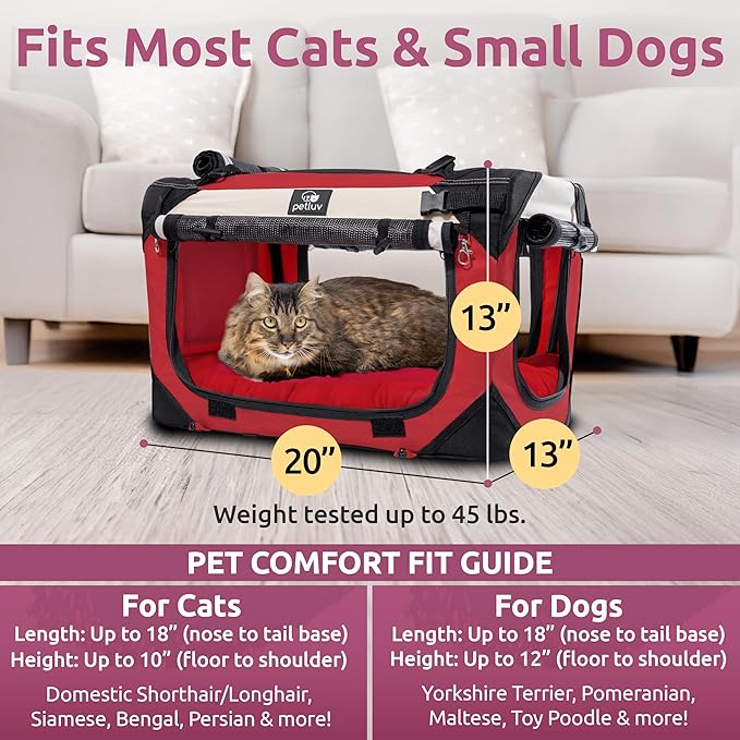 Medium Cat & Dog Carrier for Most Cats or Small Dogs, Soft-Sided, Collapsible with Locking Zippers, Portable Travel Bag with Soft Bed, Red