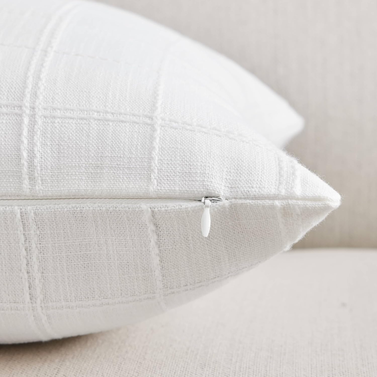 ZeeMart Linen Checked Throw Pillow Covers Set of 2, 16x16 Inch Allover Grid White, Farmhouse Decorative Double Sided Grid Embroidered Couch Pillow Cases White Cotton Linen Cushion Covers