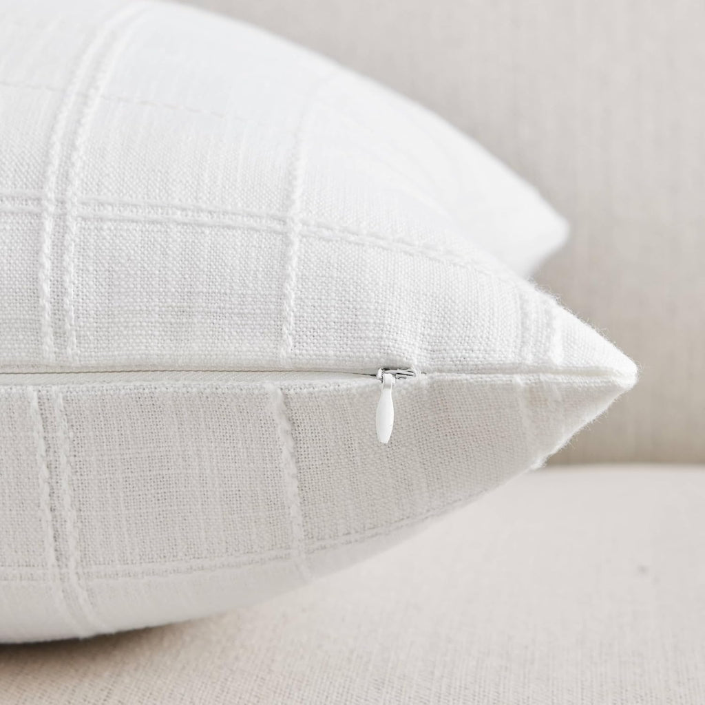 ZeeMart Linen Checked Throw Pillow Covers Set of 2, 24x24 Inch Allover Grid White, Farmhouse Decorative Double Sided Grid Embroidered Couch Pillow Cases White Cotton Linen Cushion Covers