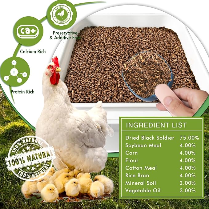 Chicken Feed, 20lb Dried Black Soldier Fly Larvae Pellets for Chickens, Organic Chickens Feed with More Protein & Calcium Than Mealworms, Processed Chicken Food for Laying Hens
