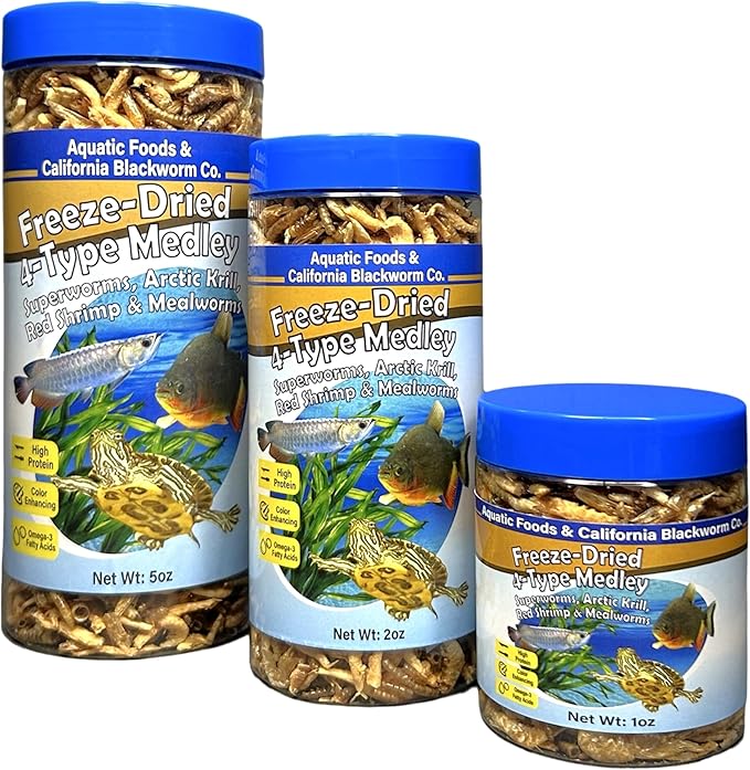 Aquatic Foods Inc. 4-Type Medley Mix of Freeze Dried Superworms, Krill, Red Shrimp, Mealworms for Monster Fish, Reptiles, Turtles, Tortoises, Frogs, Hamsters, Birds, Rodents 2oz Canister