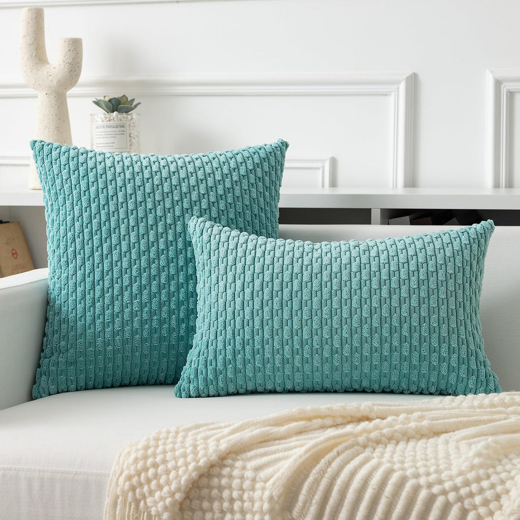 Kevin Textile 12x20 Inch Pillow Cover 1 Pack Boho Decorative Soft Striped Corduroy Lumbar Farmhouse Color Accent Rectangle Cushion Case for Living Room Couch Sofa Bed, Aqua Green