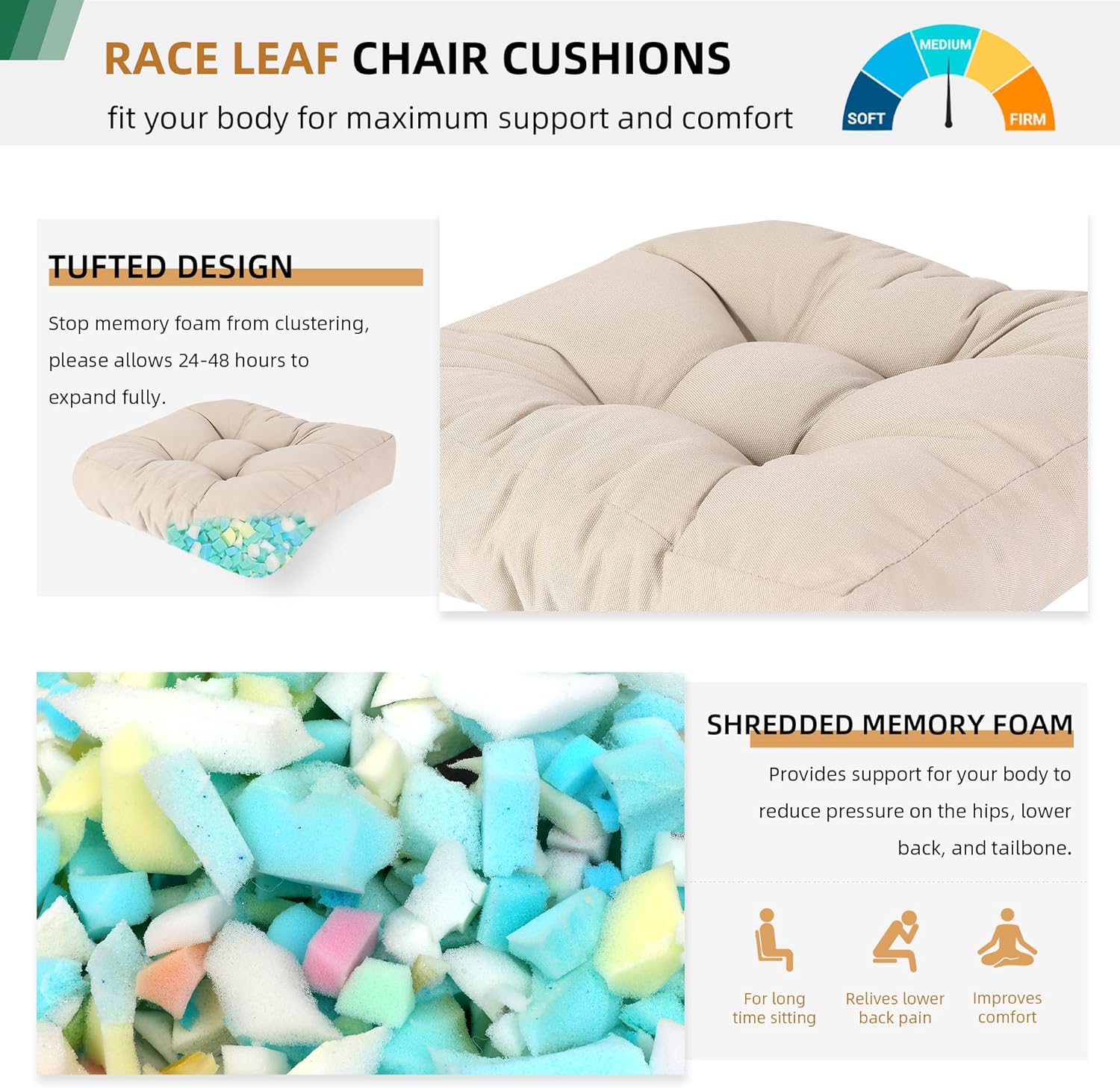 RACE LEAF 17" x 17" Patio Chair Cushions Khaki - Outdoor/Indoor Tufted Memory Foam Chair Pads Set of 2, Water-Resistant Olefin Chair Seat Cushion Non-Slip Backing