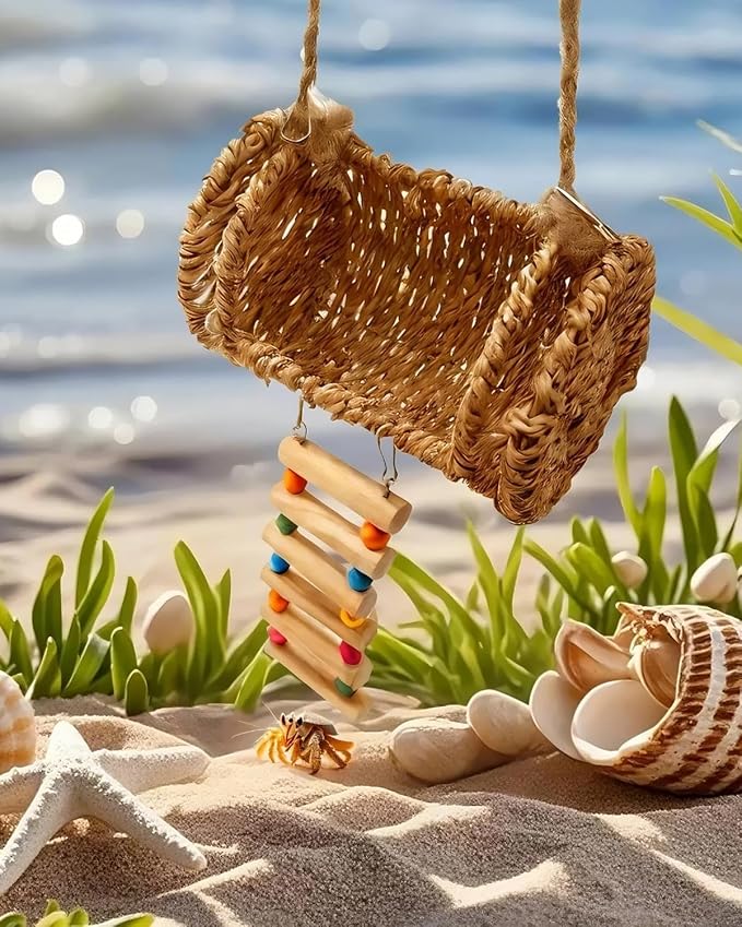 Hermit Crab Hideout with Natural Wood Ladder - Aquarium Climbing Bridge Ramp for Small Animals - Habitat Accessory for Crabs,Hamsters,Birds