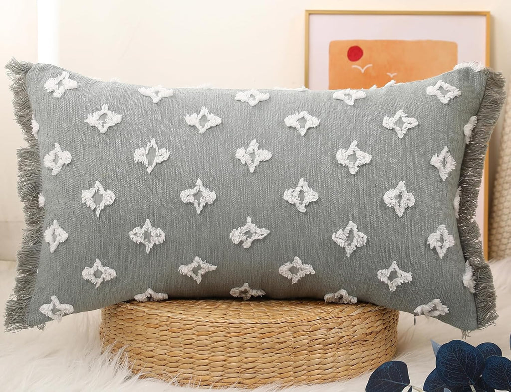 Boho Long Lumbar Pillow Cover 12x26 with Tassel,3D Flower Patterned Cotton Decorative Long Lumbar Pillow Cover Pillow Case for Sofa Couch Bed Livingroom Farmhouse,Blue Grey