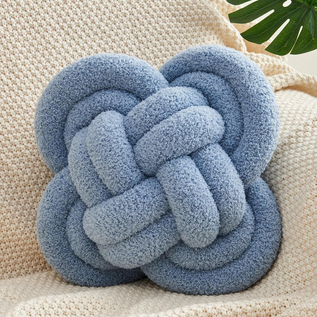 Xiashrk Knot Pillow Ball, 12" Soft Decorative Throw Pillows for Couch Bed, Blue Knotted Plush Throw Pillow Handmade Square Cushion Home Couch Decor Pillows for Living Room