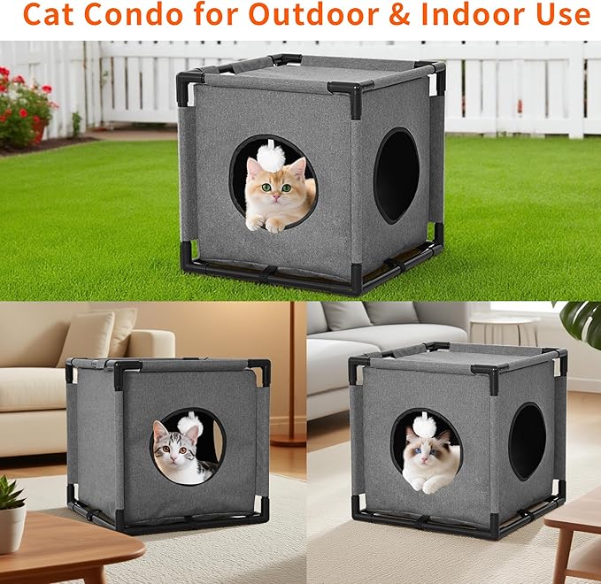 Cat Beds for Indoor Cats - Cat Hideaway，Muti-Functional Cat Cave Bed with Soft Velvet Pad and Fluffy Ball，Elevated Cat House for Multiple Cats，Grey