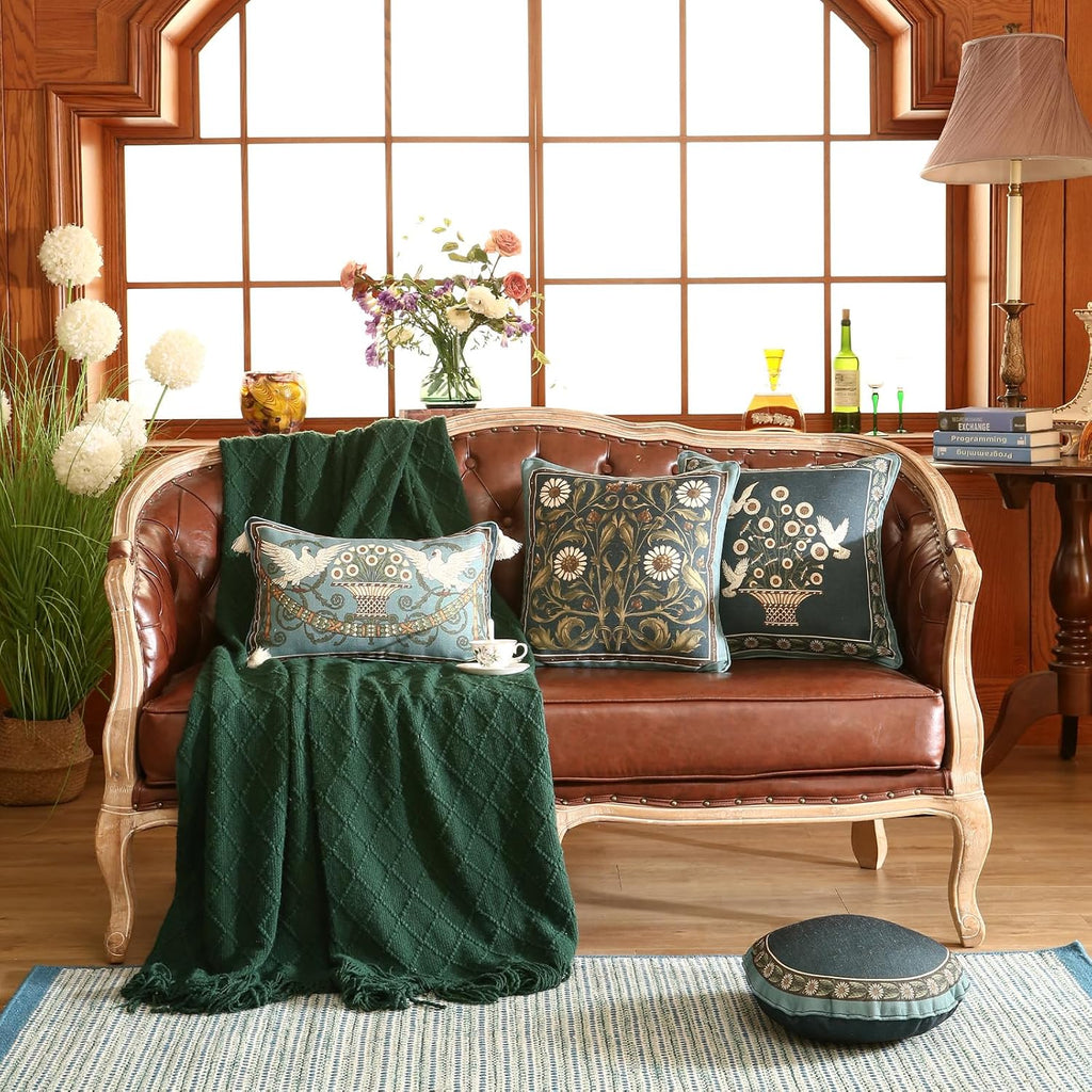 Rectangle Throw Pillow Covers,French Green Farmhouse with White Birds and Flowers Pattern Linen Pillowcases,Decor Lumbar Pillows Cushion Covers for Couch Sofa Bed Chair,12x20 Inches