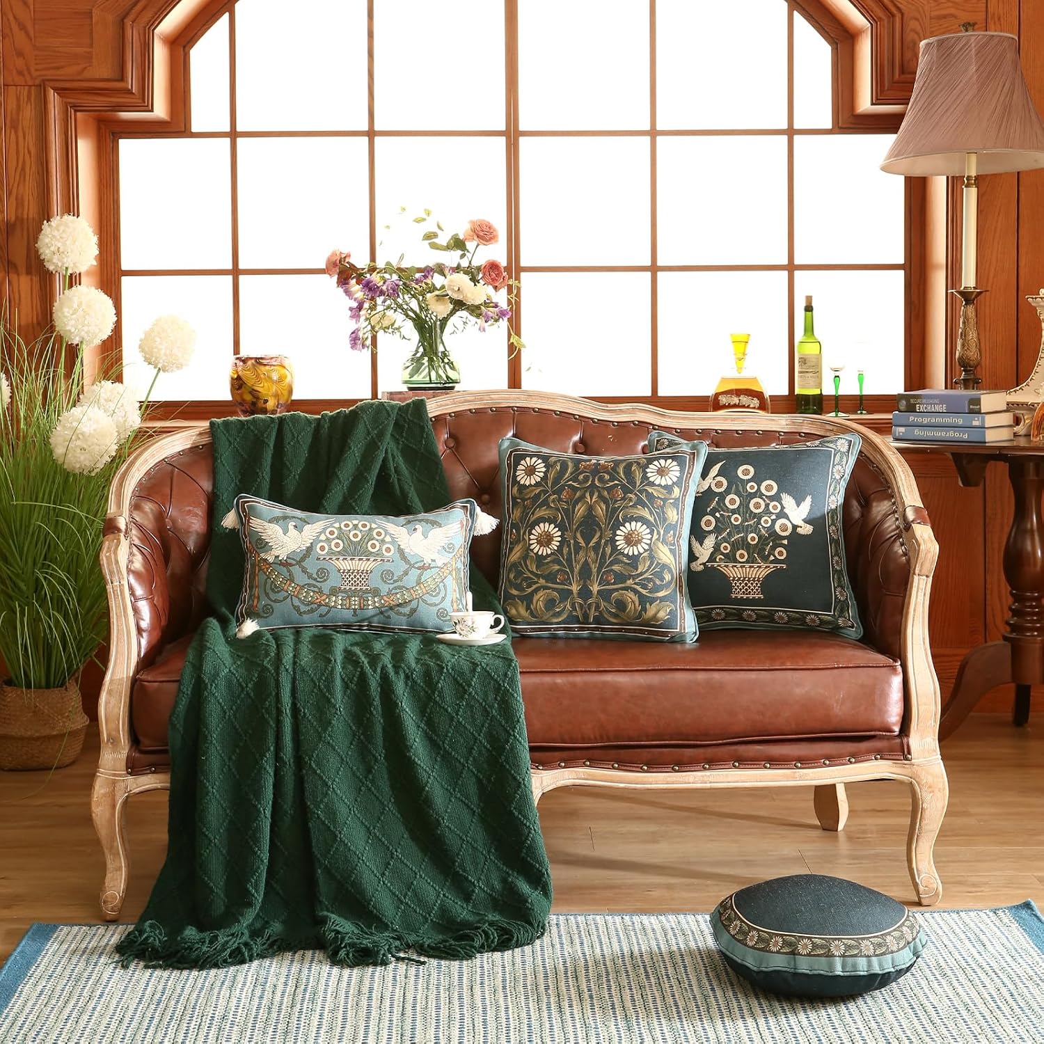 Green Throw Pillow Covers Set of 2,French Farmhouse with White Birds and Flowers Pattern Linen Pillowcases,Decorative Round Pillows Cushion Covers for Couch Sofa Bed Chair,Diameter 16"