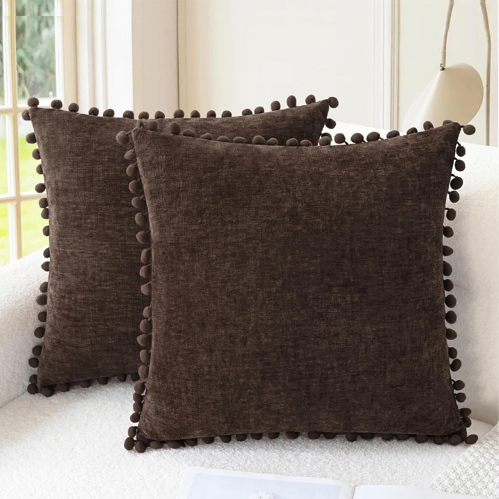 CaliTime Throw Pillow Covers Decorative 22 X 22 Inches Pack of 2 Cozy Solid Dyed Soft Chenille Cushion Cases with Pom Poms for Couch Sofa Bed Living Room Home Coffee