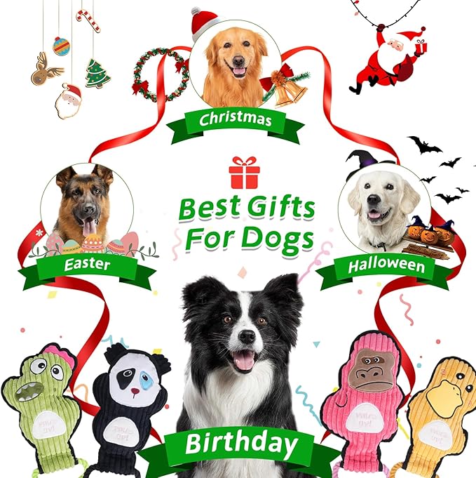 2-Pack Squeaky Dog Toys & Tough Tug of War Set - No Stuffing Chew-Resistant Plush Toys to Keep Them Busy, Best Birthday Gift for Small/Medium/Large Breeds (Panda & Dion)