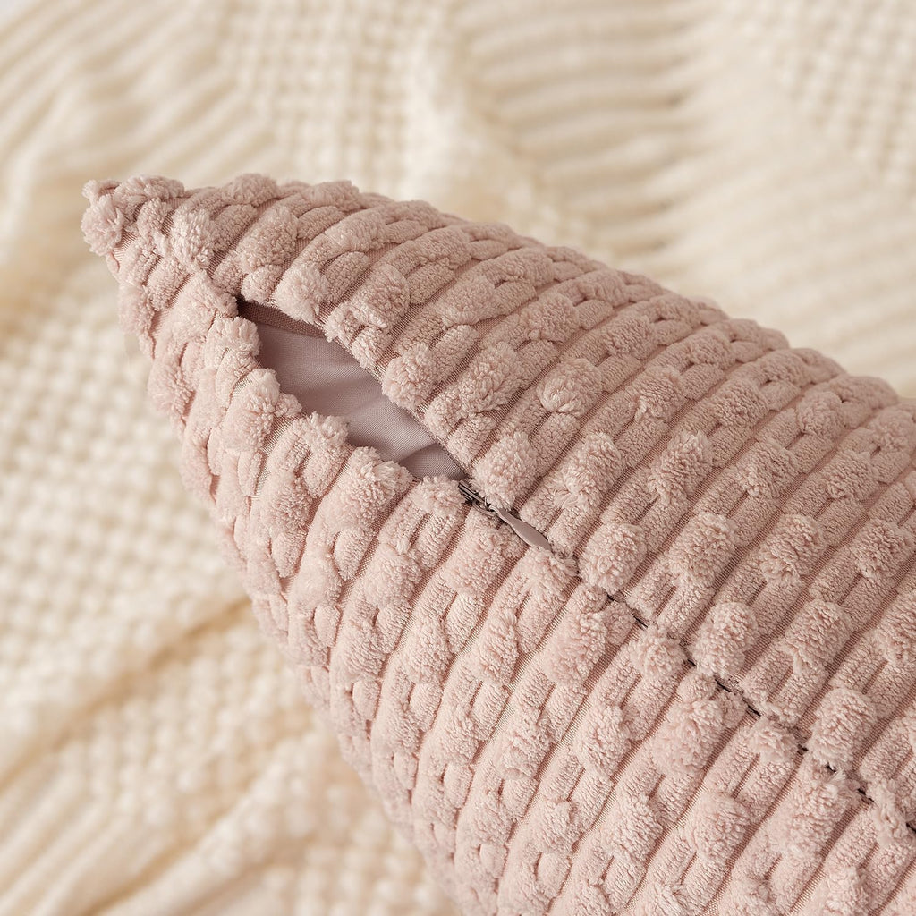 Kevin Textile 14x36 Inch Long Lumbar 1 Pack Boho Decorative Throw Pillow Cover Soft Striped Corduroy Rectangle Cushion Case Farmhouse Accent for Living Room Couch Sofa Bed, Light Pink