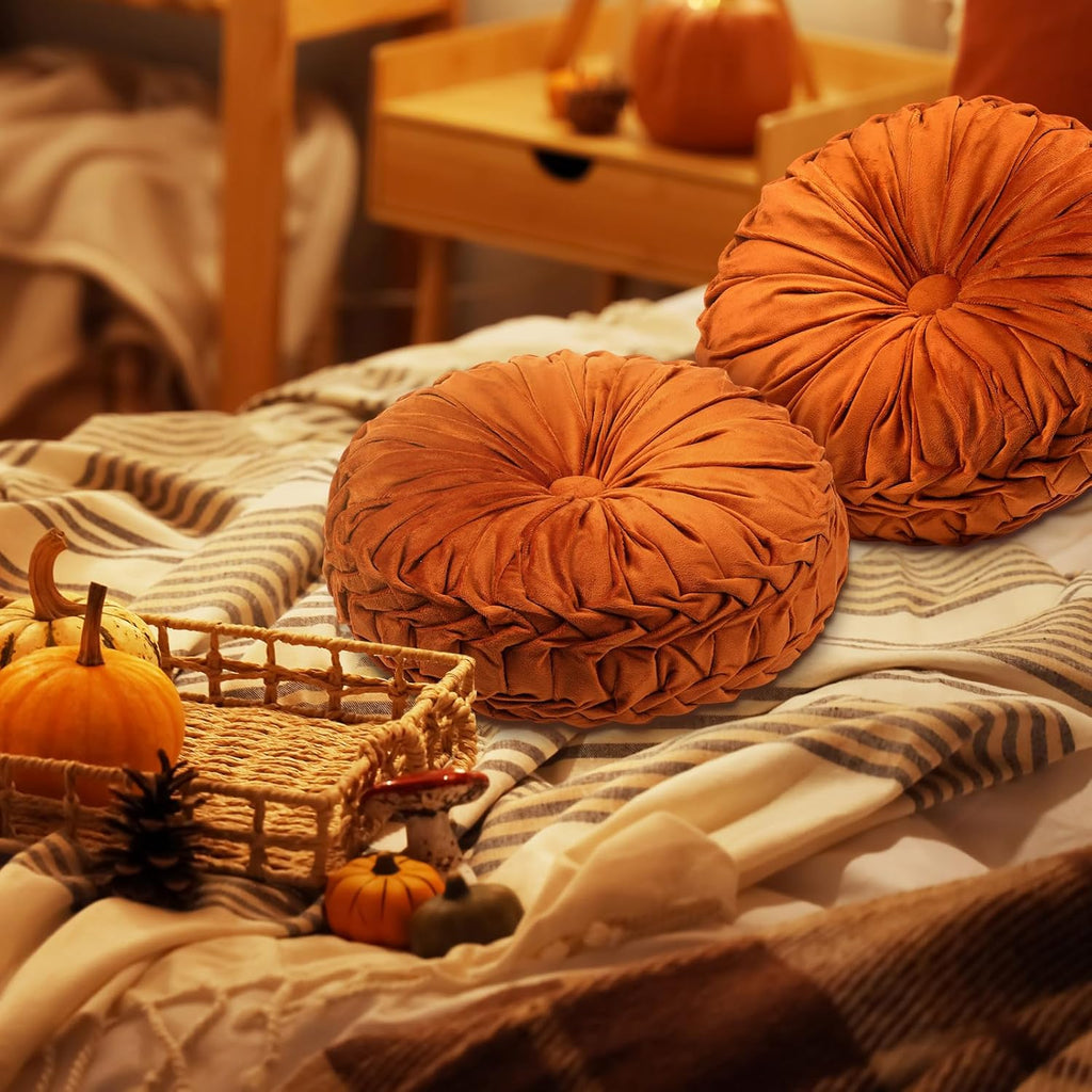 2 Pcs Round Throw Pillows 15 Inch Decorative Velvet Pleated Pumpkin Floor Boho Pillows for Living Room Couch Chair Bed Sofa (Orange)