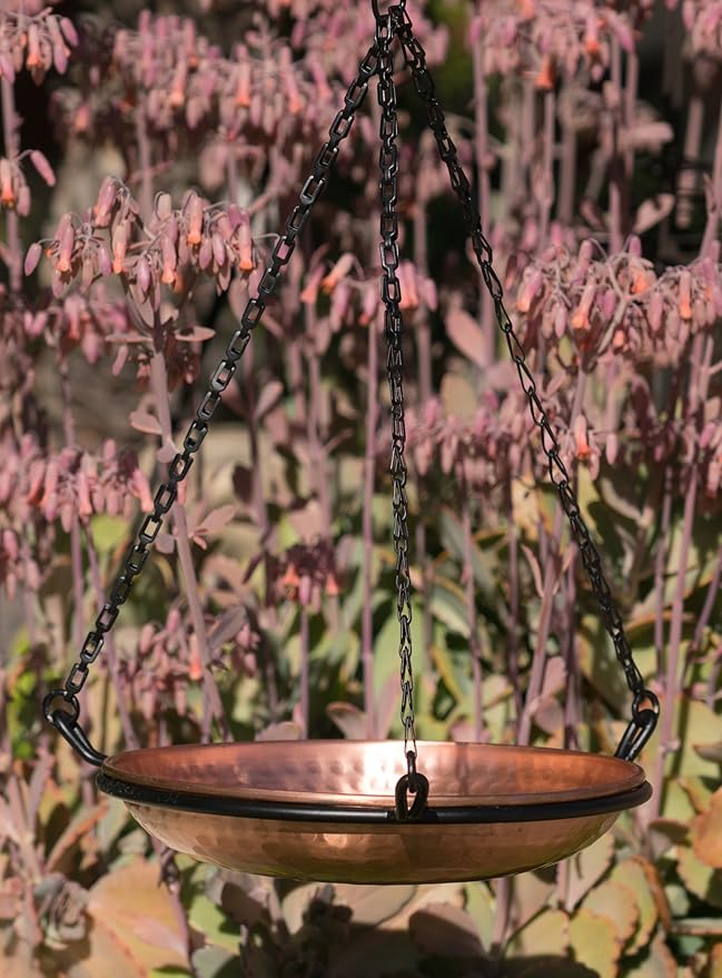 Monarch Abode Pure Copper Hand Hammered Hanging Bird Bath and Feeder w/ Iron Chain, 17-inch Detachable Iron Chain Outdoor Birdbath and Birdfeeder for Garden Backyard Patio & Deck, Bird Water Feeder