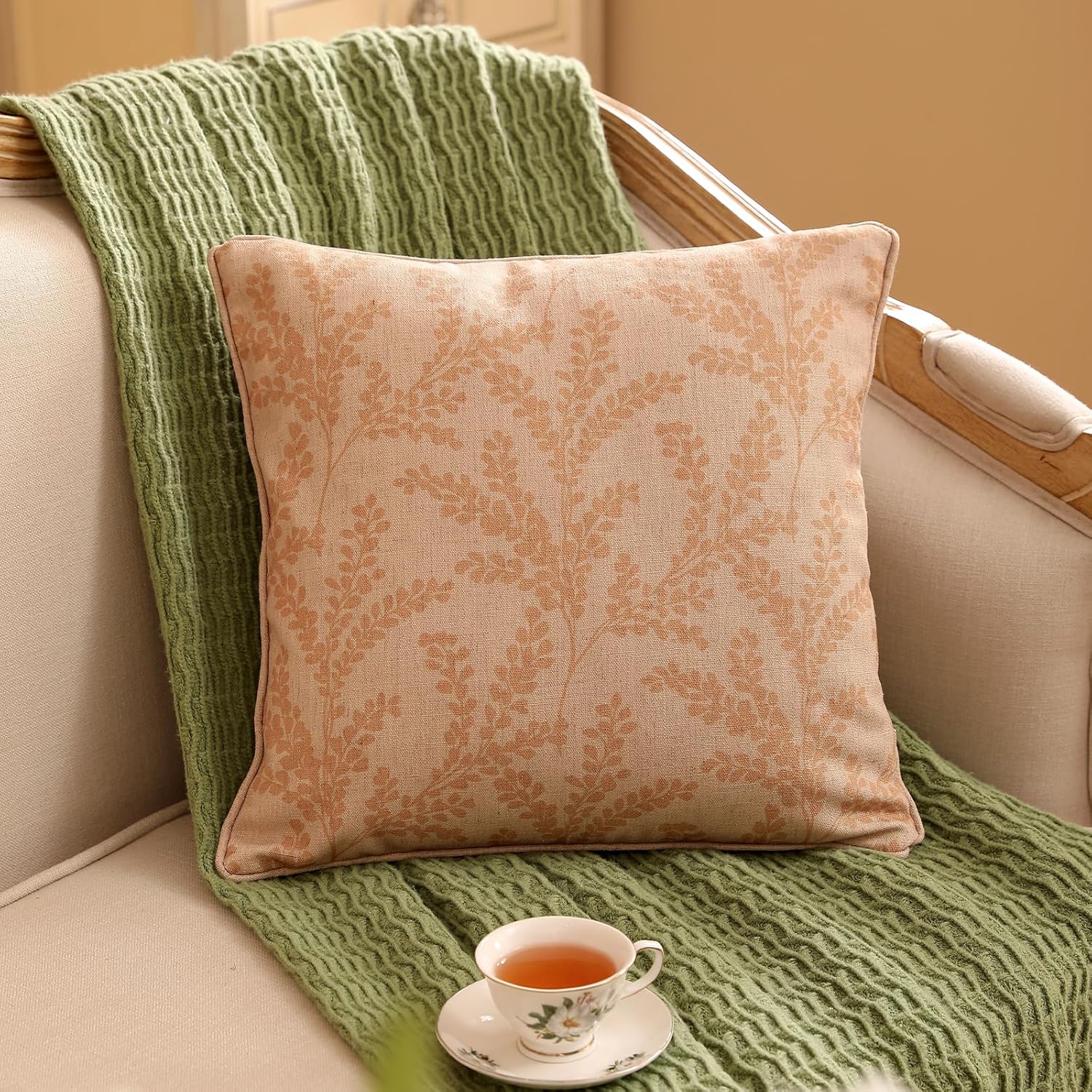 ISAENNE Design Linen Classic Throw Pillow Covers 18"x18", French Farmhouse Square Cushion Covers with Beige Branch Floral Pattern Decoration Pillowcases for Bed,Living Room,Outdoor,Car