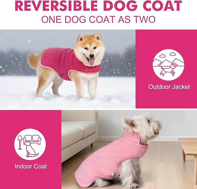 cyeollo 2XL Sherpa Dog Coat, Turtleneck Reversible Fleece Dog Vest Soft Doggy Sweater Thick Doggy Clothes for Cold Weather Winter Jacket Warm Dogs Coats for Medium Large Dogs, Fuchsia XXL