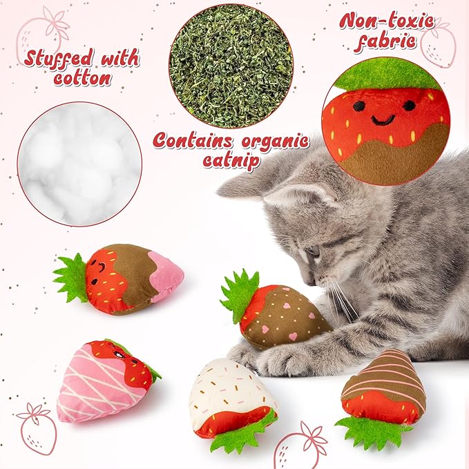 MALLMALL6 Catnip Toys for Cat - 5Pcs Strawberry Chocolate Crinkle Paper Sound Catmint Toy Gift for Indoor Kitten, Teething Chew Kick Interactive Kitty Supplies, Soft Candy Pet Present for Kitten Lover