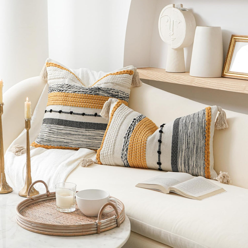 BlissBlush Fall Decorative Lumbar Throw Pillow Cover 14x24 Boho Yellow Mustard Accent Cushion for Couch Sofa Farmhouse Pillowcase for Bedroom Living Room Home Décor Cover ONLY