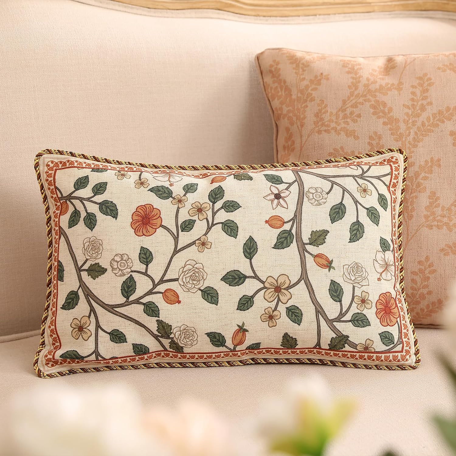 ISAENNE Design Linen Classic Throw Pillow Covers 12"x20", French Farmhouse Rectangle Cushion Covers with Orange White Floral Pattern Decor Pillowcases for Bed,Living Room,Outdoor,Car