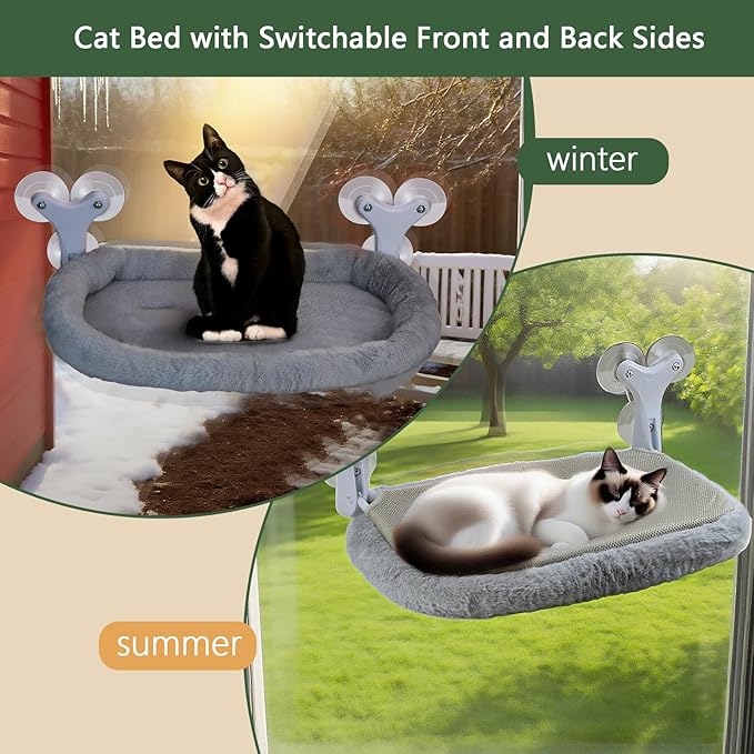Cat Window Perch with 6 Strong Suction Cups,Mats That can be Switched Between Winter and Summer,Foldable Cordless Cat Beds Can Bear 50LBS Weight (White)