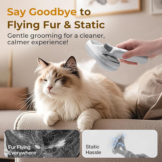 Pecute Steam Cat Brush, Self-Cleaning Cat Steam Brush with 2 Water Spray Modes, Large Capacity Tank, Dog Brush for Shedding Massaging Grooming, Cool Mist Only