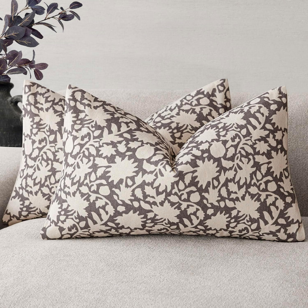 Foindtower Set of 2 Decorative Neutral Floral Throw Pillow Covers Accent Farmhouse Cushion Covers Boho Lumbar Pillowcase for Couch Sofa Bedroom Living Room Home Decor,12×20 Inch,Rustic Gray