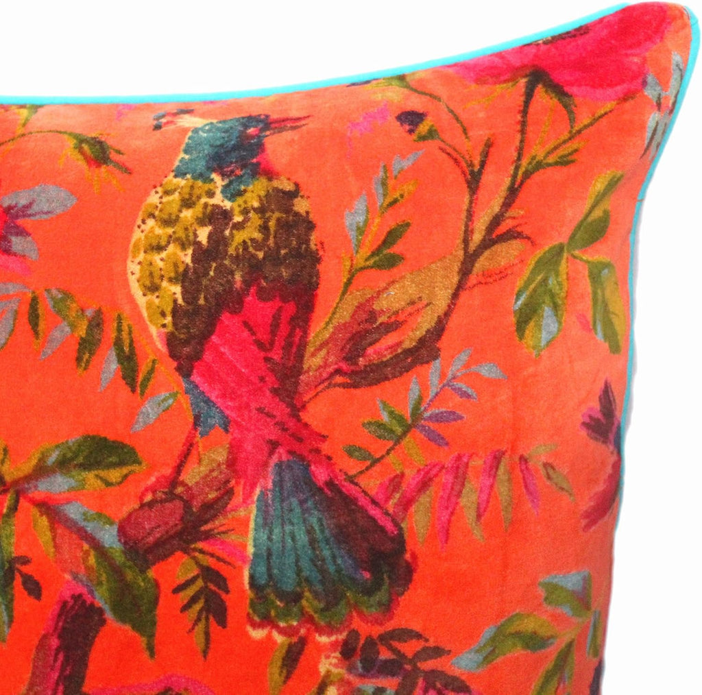 Eyes of India Velvet Floral Flower Bird Throw Pillow Sofa Cushion Cover Case Couch Colorful Boho Chic Bohemian Accent Indian Handmade (Orange, 16" x 16")