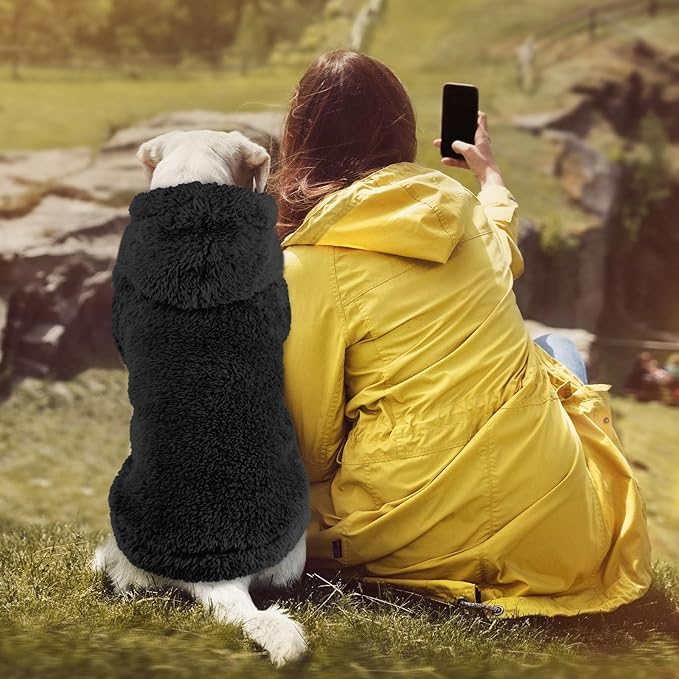 Fuzzy Dog Sweaters for Large Dogs Soft Double-Sided Plush Fleece Pet Sweater Clothes Pet Coats Dog Hoodie Sherpa Hooded Sweatshirt(Black-L)
