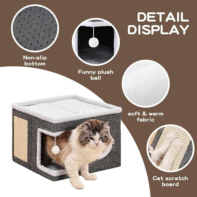 Cat Beds for Indoor Cats, Large Cat Cave with Fluffy Ball and Scratch Pad, Foldable Cat Scratch House with Hideaway Condo for Kitten,16x16x13inch,Grey