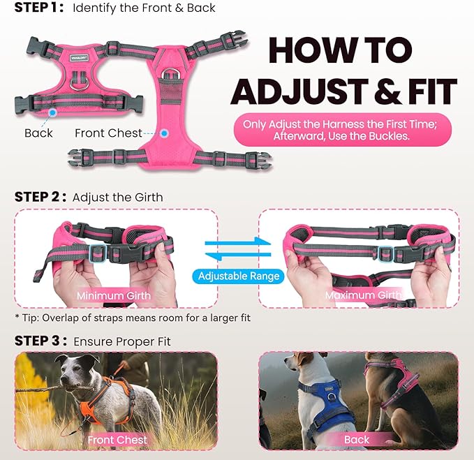 VIVAGLORY Dog Harness Easewalk No Pull Dog Harness with Handle & Front Back Clip for Training Lifting, Easy On Adjustable Padded No Pull for Pet & Puppy, XL, Sakura Pink