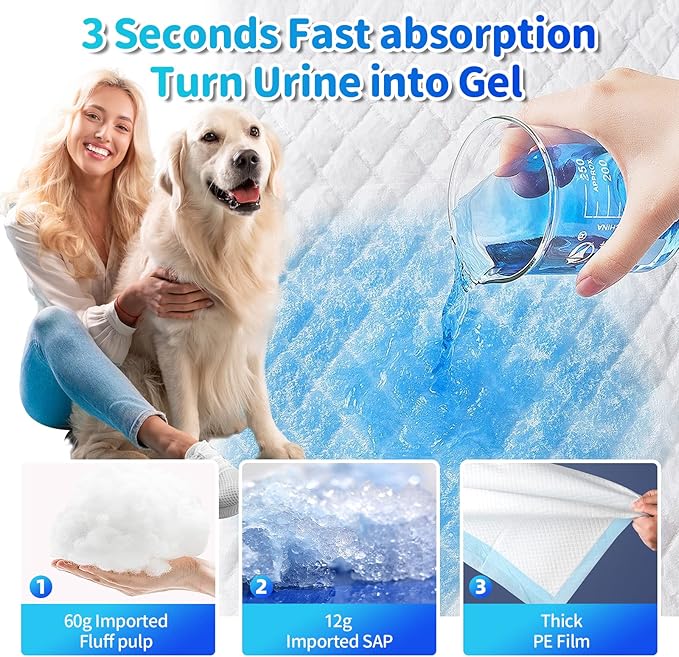 Upgrade Leak-Proof Pet Training and Puppy Pads, Jumbo Pee Pads for Dogs with Thicken Polymer Heavy Absorbency, Quick Dry Disposable Pee Pads for Cats Dogs - 100 Counts