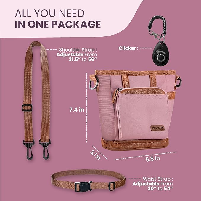 BEAU&FUR Large Dog Treat Pouch with Clicker for Training – 4 Cup Capacity, Built-In Poop Bag Dispenser, Expandable Pocket, Metal Buckle, Large Back Pocket, Ideal Design for Walks and Training – Pink