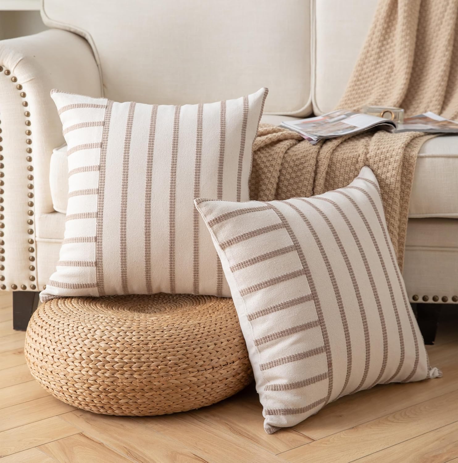 Caflife Boho Throw Pillow Covers 18x18 Set of 2 Soft Farmhouse Decorative Couch Pillow Cases Beige Striped Pillow Covers Neutral Cushion Covers for Sofa Bed Living Room Home Decor