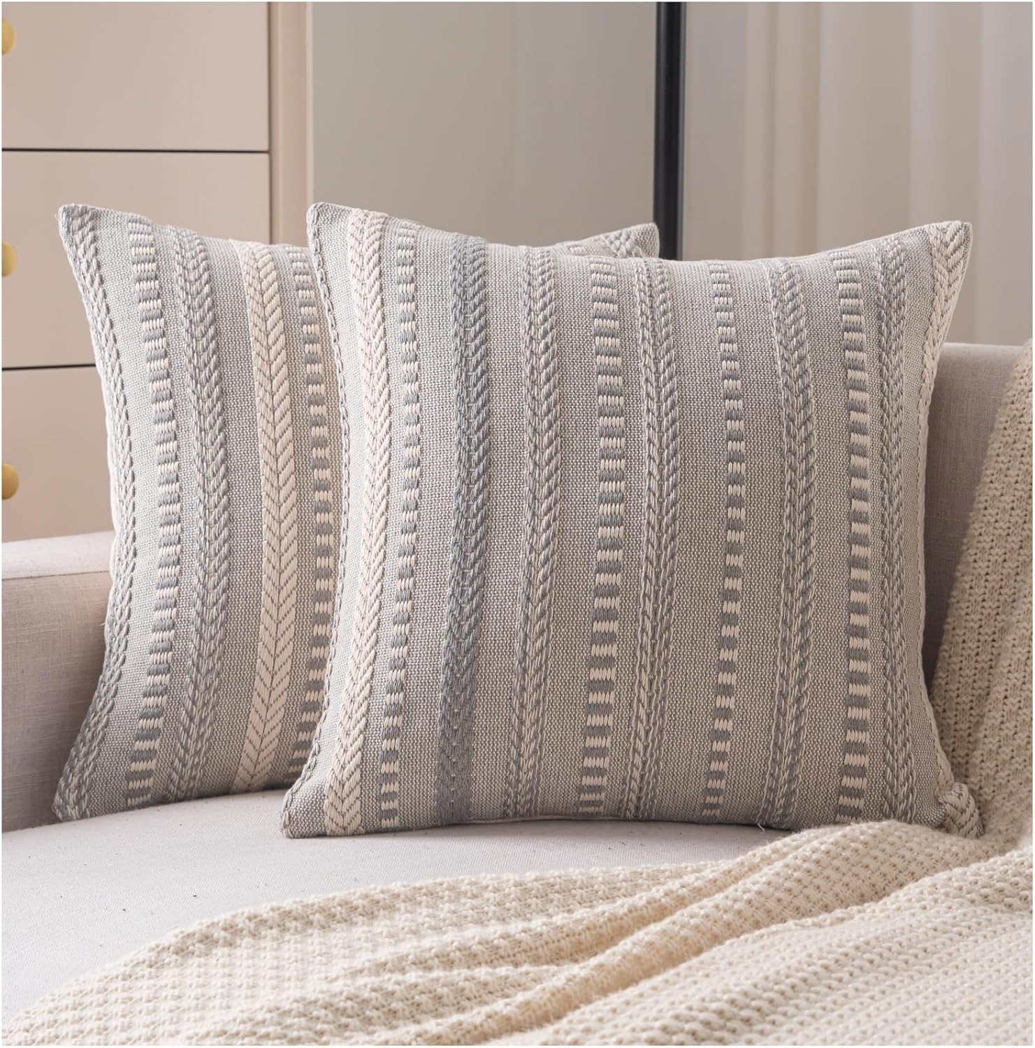 Boho Throw Pillow Covers 20x20 Inch Set of 2, Farmhouse Decorative Couch Pillow Cases, Grey Accent Pillows of Bed, Sofa Bedroom Living Room Home Decor Cushion Cover