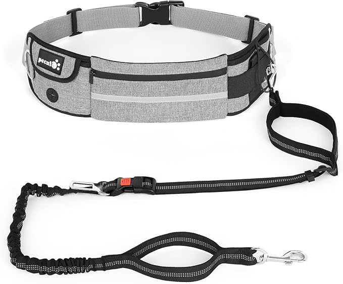 Pecute Hands Free Dog Leash with Pouch, Waist Belt Fanny Pack with Soft Padds, Dual Padded Handles and Durable Bungee for Walking, Hiking, Jogging Biking, and Running (Up to 220lbs)