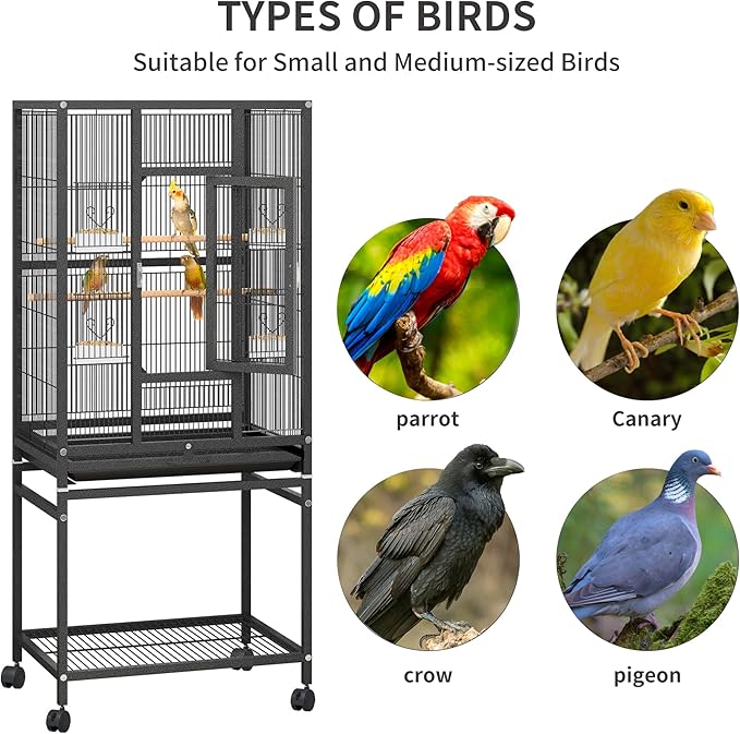 YITAHOME 53.9 inches Metal Bird Cage for Parakeets: Large Parrot Cages with Seed Catcher & Birdcage Cover with Rolling Stand & Brakes for Lovebirds Cockatiels Pigeon Finches, Black