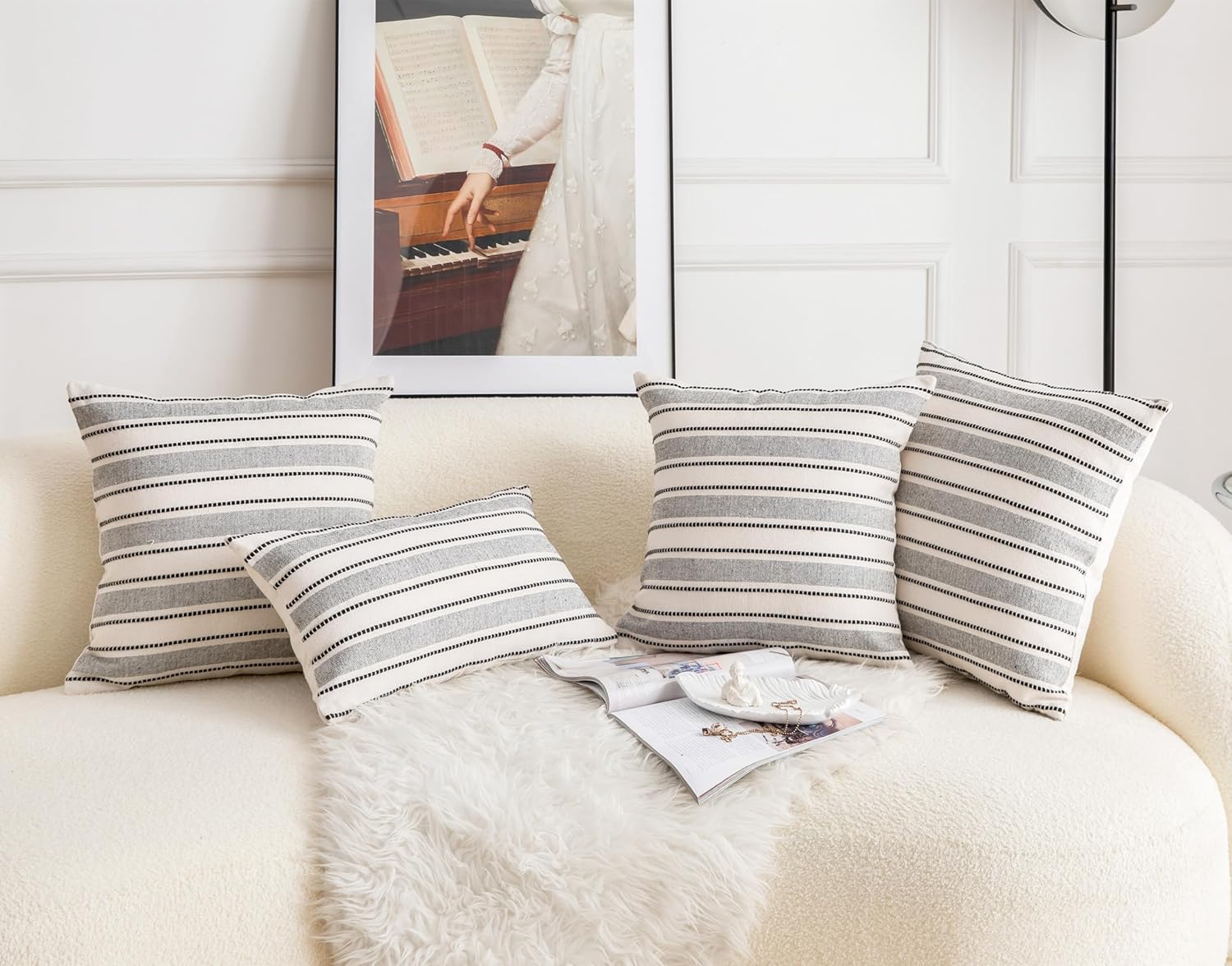 Decorative Boho Throw Pillow Covers, Farmhouse Textured Pillow Case, 18 x 18 Inch Set of 2, Chair Sofa Bedroom Living Room Home Decor Couch Cushion Case, Black and Beige Striped