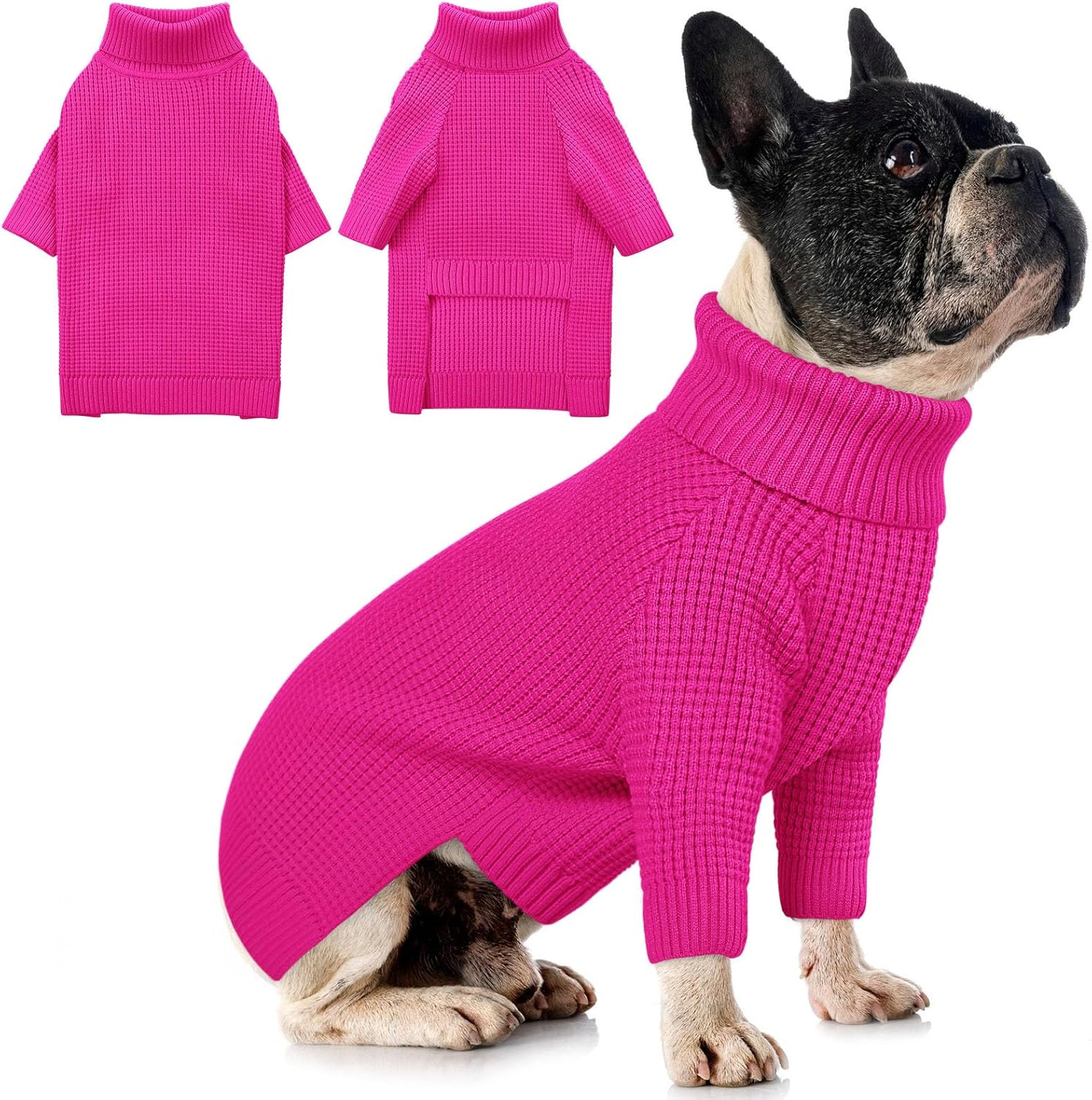 Queenmore Dog Sweaters for Small Dogs Male, Turtleneck Fall Pet Sweaters, Waffle KnitSweater for Doggie, Cat Sweater Puppy Coat, Fuchsia XS