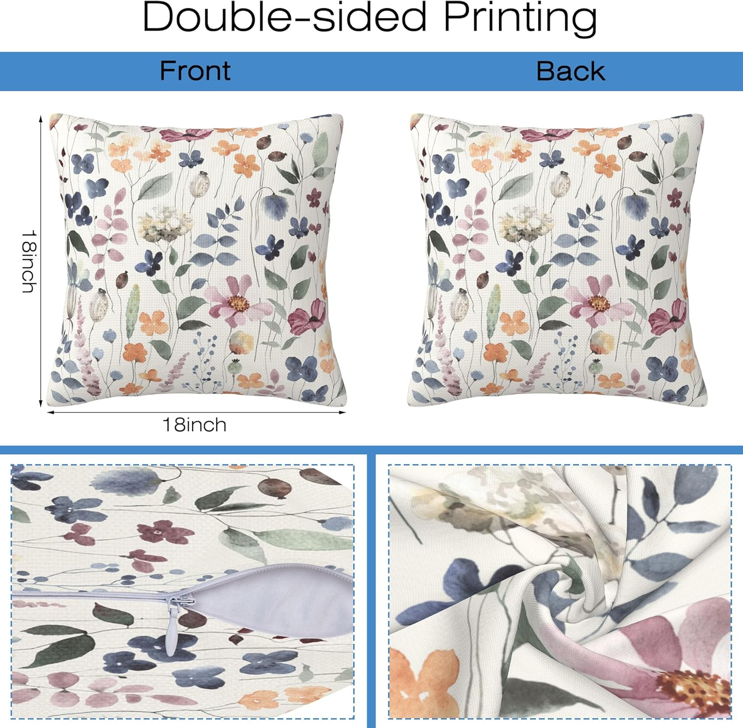 Throw Pillow Cover Case Watercolor Floral Pillow Covers 18x18 Inch Set of 2,Soft Decorative Throw Pillow Case for Living Room Bedroom Sofa Couch Cushion Covers