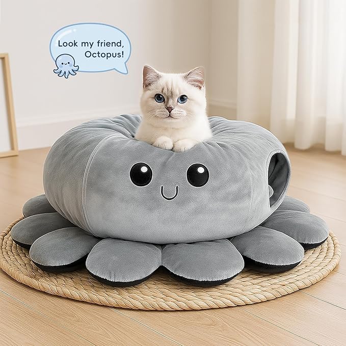 Cat Tunnel Bed for Indoor Cats, Peekaboo Cat Cave Bed,Soft Cat Donut Tunnel for Kitten Large Cats, Cute Green Octopus Shaped