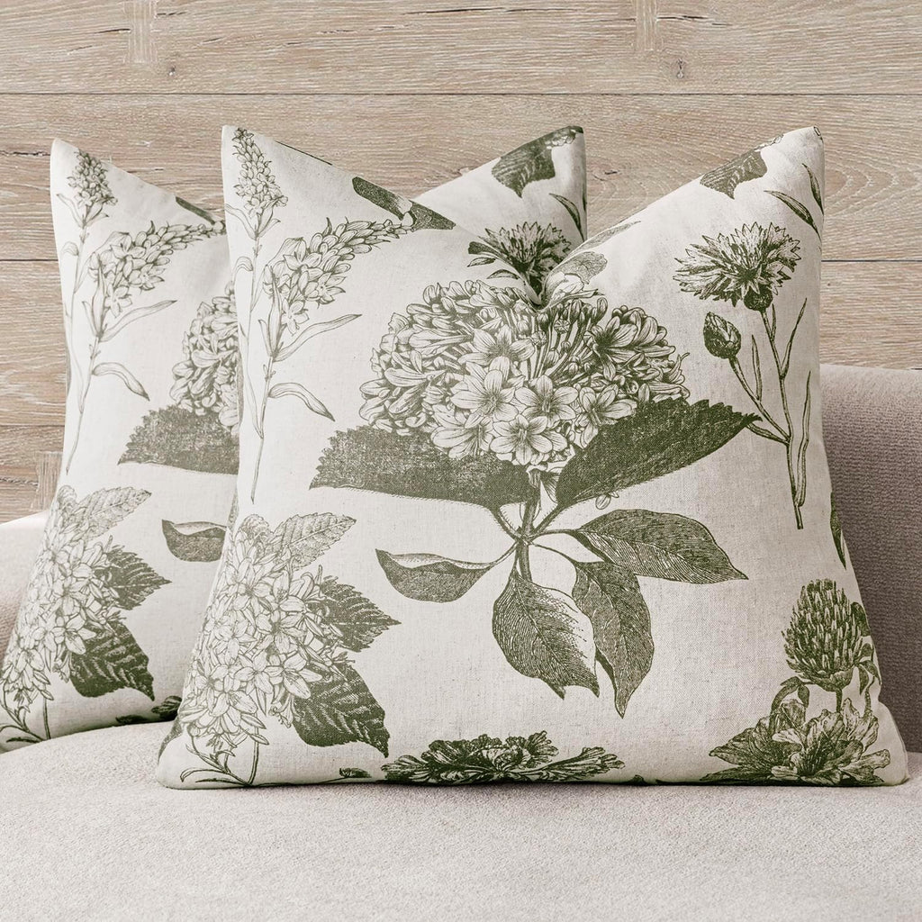 Foindtower Set of 2 Linen Floral Throw Pillow Covers Vintage Accent Print Decorative Cushion Covers Farmhouse Boho Home Decor for Sofa Chair Couch Bedroom Living Room,20×20 Inch,Sage Green