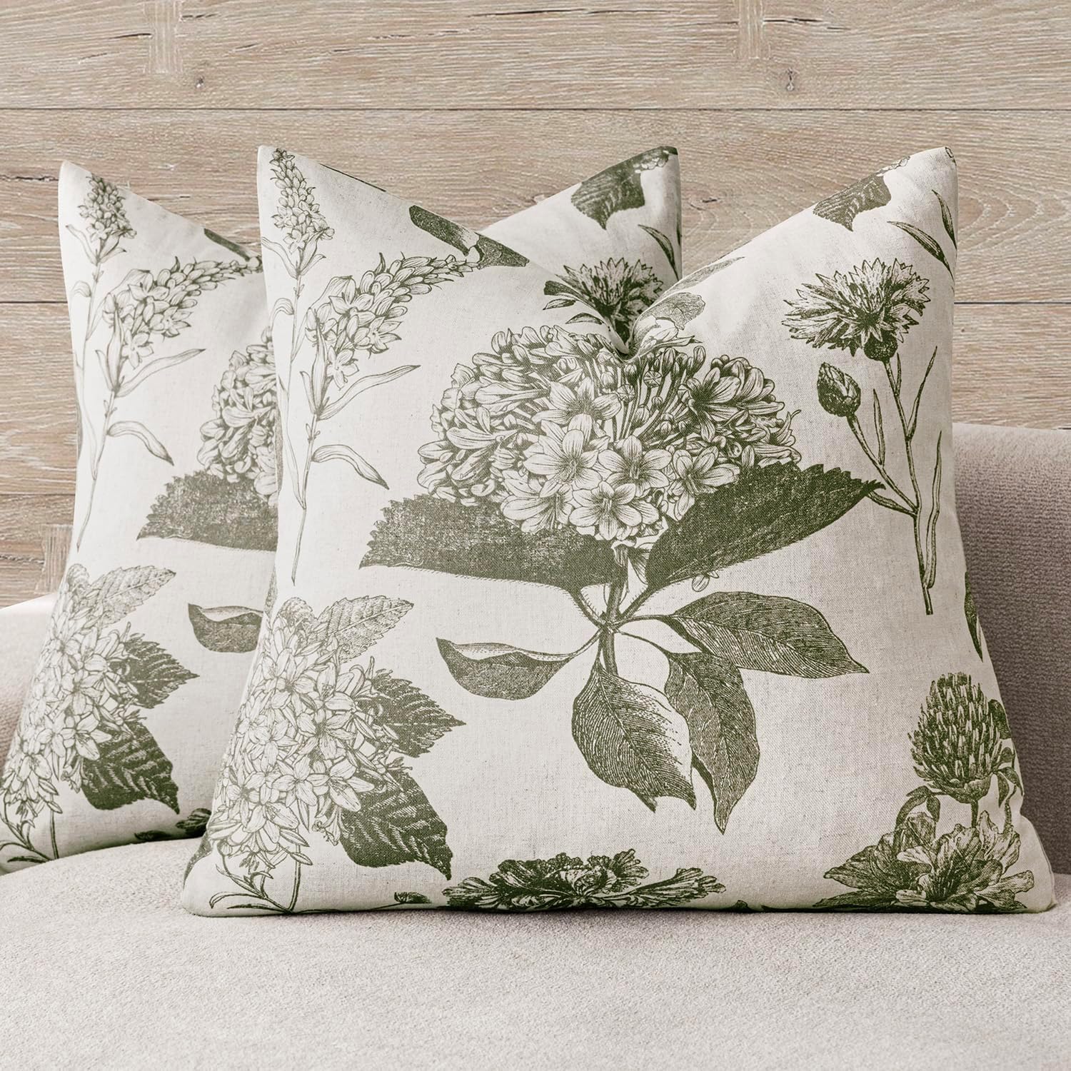 Foindtower Set of 2 Linen Floral Vintage Throw Pillow Covers Neutral Accent Print Decorative Cushion Covers Farmhouse Home Decor for Sofa Chair Couch Bedroom Living Room,18×18 Inch,Sage Green