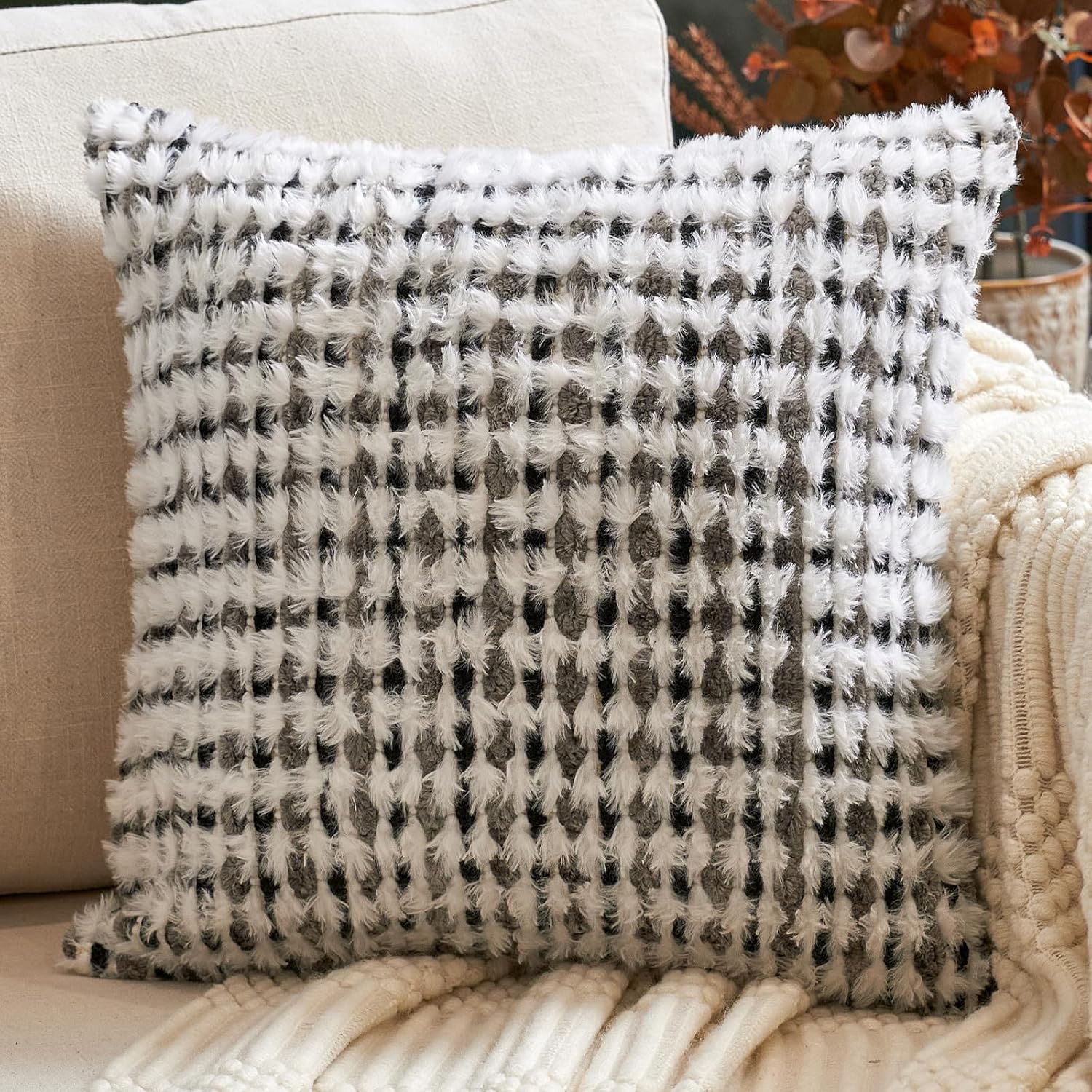 Aeckself Boho Chenille Tufted Pillow Cover 18x18 Inch, Decorative Square Throw Pillow Cover Neutral Pillowcase for Couch Bedroom Living Room, Black Gray