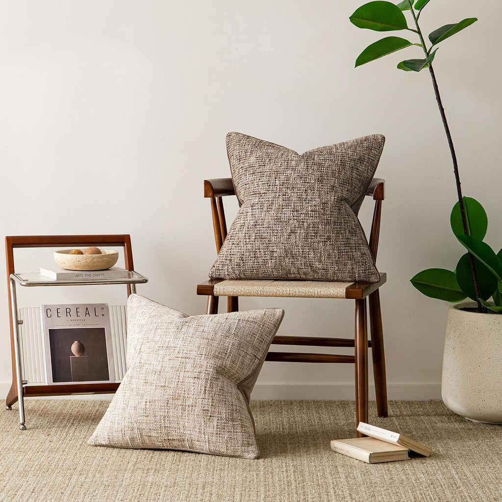 a moment Khaki Reversible Pillow Covers 2 Pack - Farmhouse Chenille Throw Pillows, Neutral Textured Decorative Throw Pillow Covers with Border for Couch Sofa Bed (18x18 Inch, No Insert)