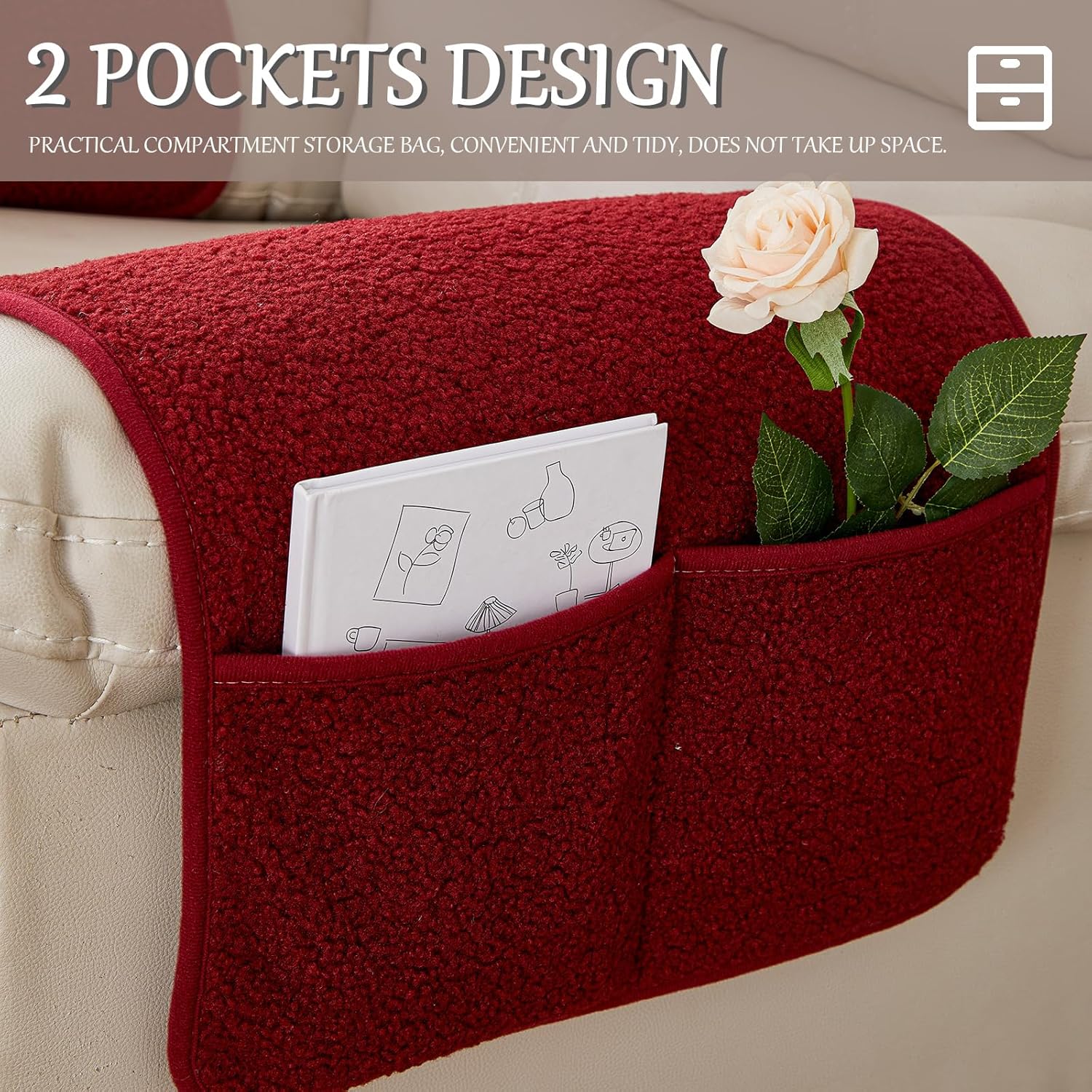 Armrest Cover, Recliner Chair Protector, Furniture Protector Slip, Side Storage Pocket, Stretch Armchair Couch Arm Rest Cover for Recliner, Chair, Sofa (Wine Red,1 Seater(3pcs))
